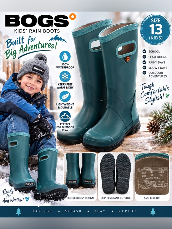 Bogs Other - BOGS Kids Rain Boots Size 13 Waterproof Tall Rubber Boots Teal Blue